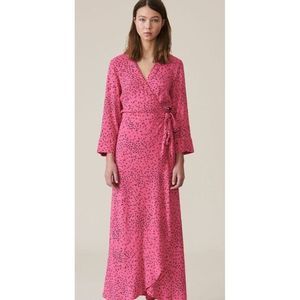 GANNI Barra Pink Floral Print Crepe Wrap Maxi Dress Size  EU 40 US 8